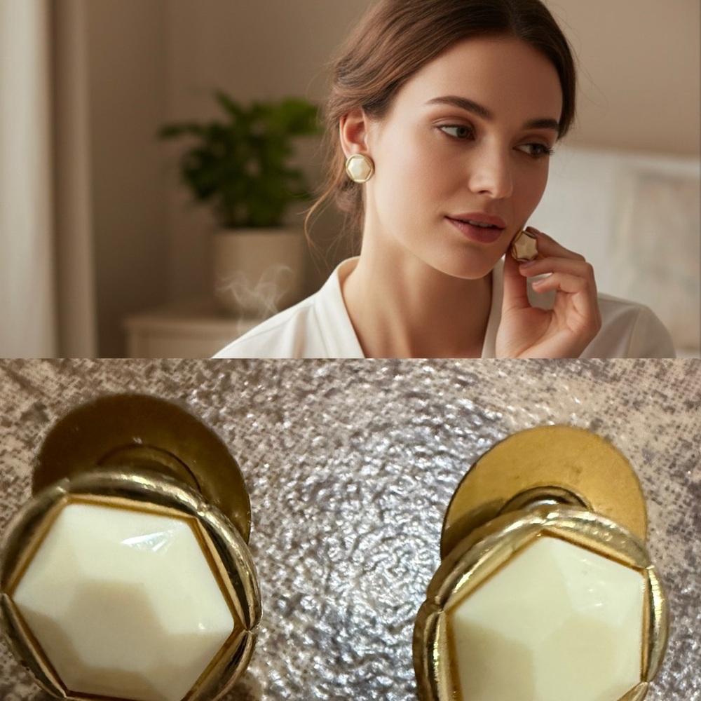 Vintage Monet Gold Tone Pierced Earrings Cream Faceted Lucite Geometric 80s 90s